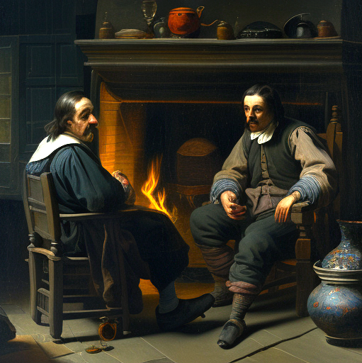 Conversación junto a la chimenea. Generada por la IA de MidJourney